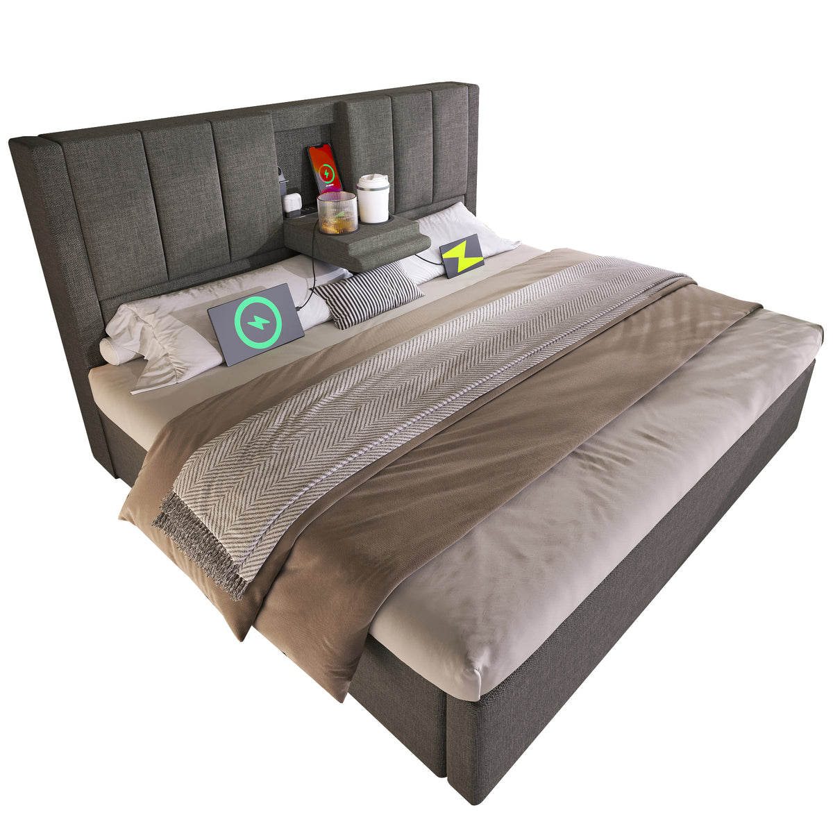 Wooden Double Bed 160x200cm with Storage & LED, Light Oak