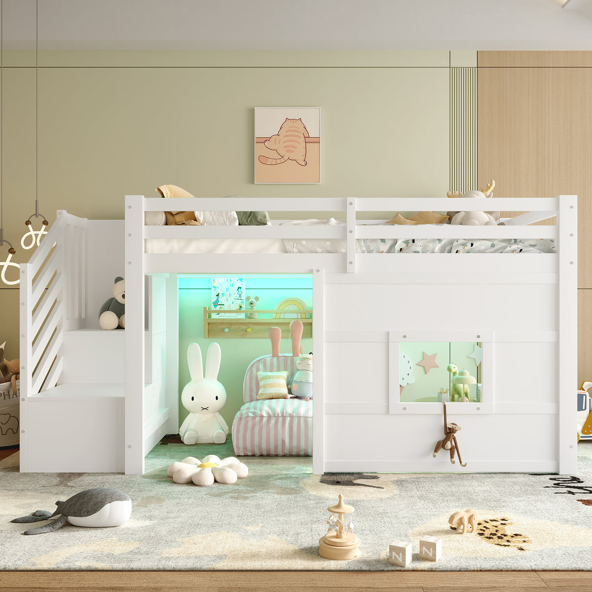 Loft Bed 90x200cm with Storage Stairs & Window, White