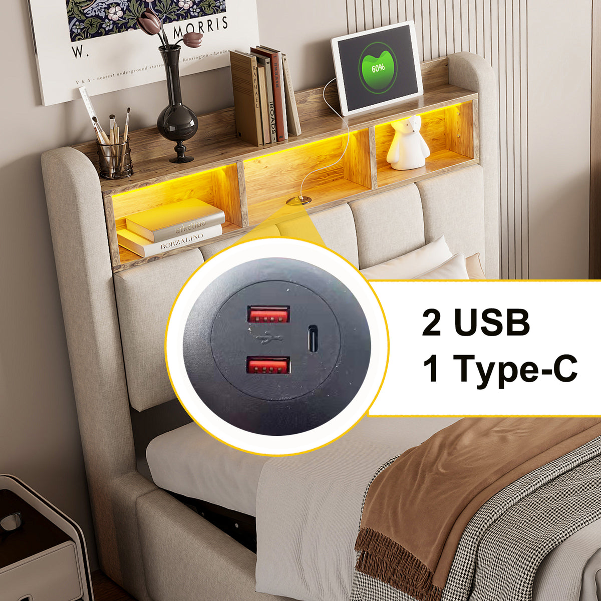 Upholstered Single Bed 90x200 LED USB Storage, Beige Linen