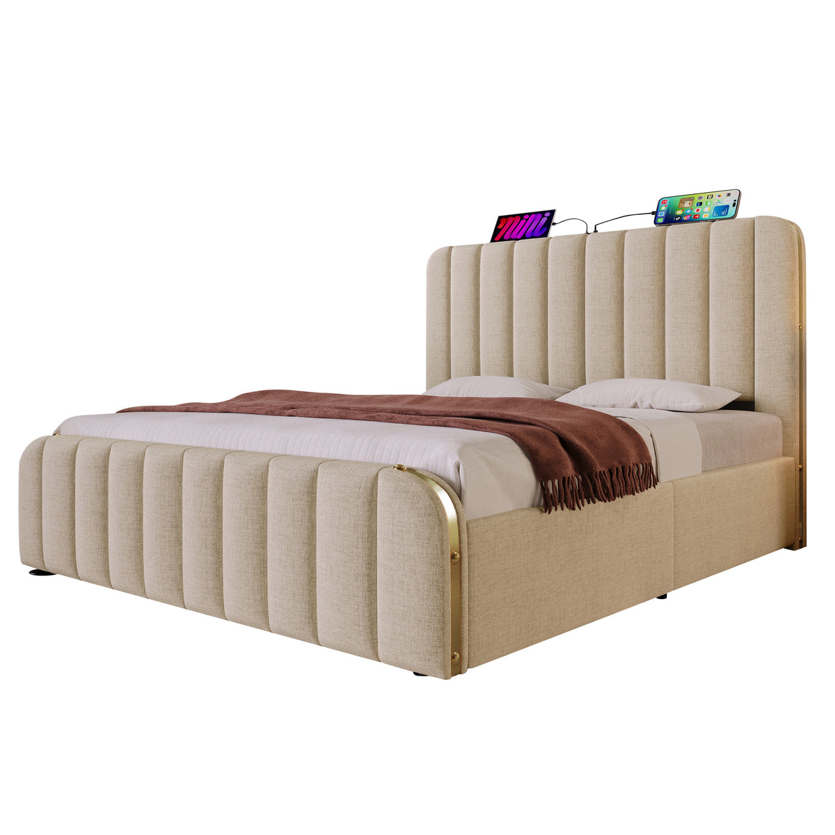 Upholstered Storage Bed 140x190cm with USB Charging, Beige Linen