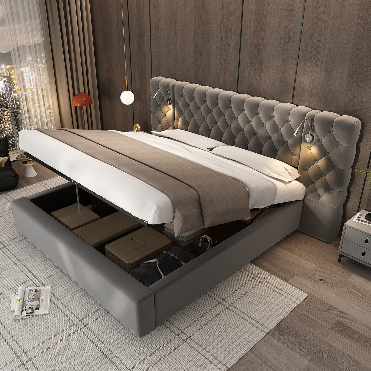 Upholstered Hydraulic Storage Bed 180x200 LED, Grey Velvet