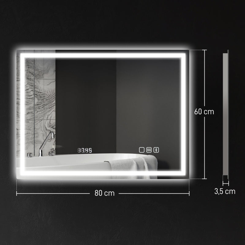 LED Bathroom Mirror 80x60 cm Bluetooth Anti-Fog Clock, Silver