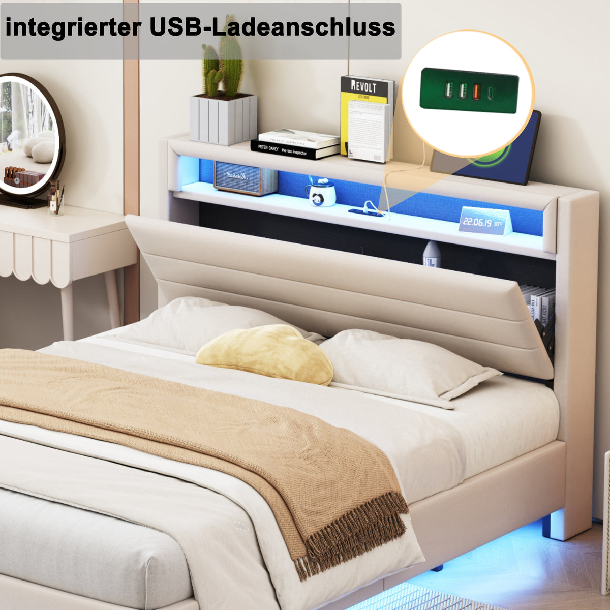 Upholstered Bed 160x200 cm with USB & LED Light, Beige Linen