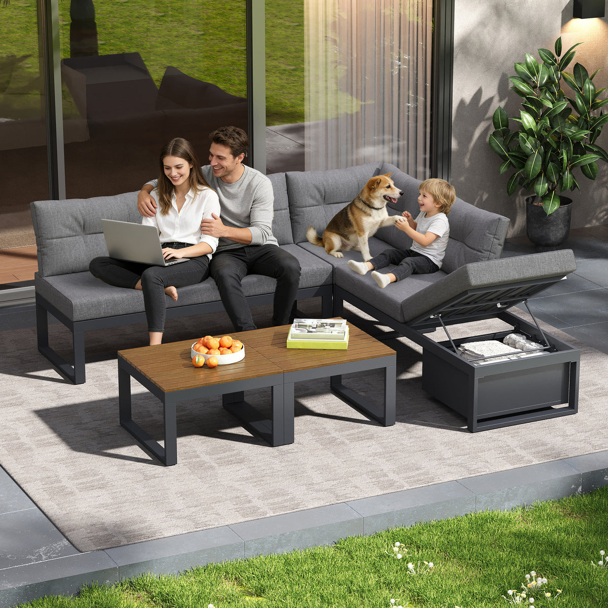 Modern Outdoor Set with Cushions, Iron Frame & Woven Armrests