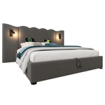 Upholstered Double Bed 180x200 with Storage, Lamp & USB, Grey Linen