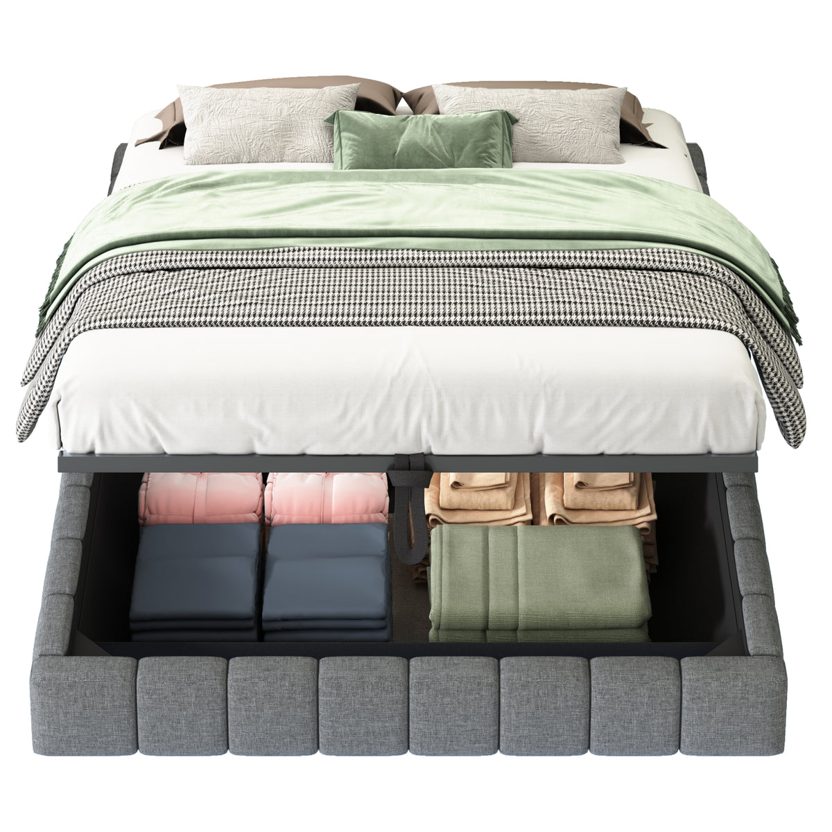 Upholstered Floating Bed 140x200 Hydraulic Storage LED, Grey Linen