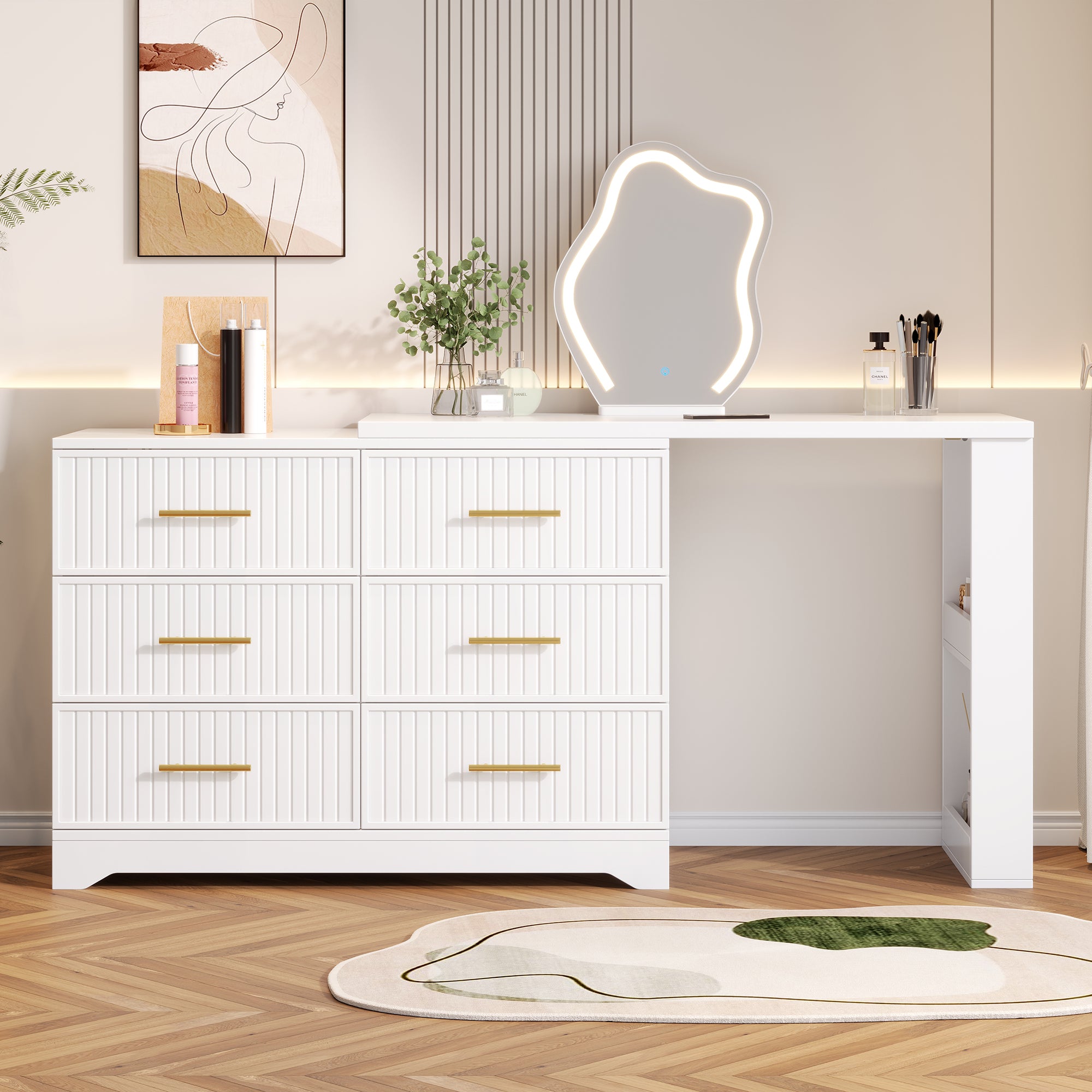 Rotating Dressing Table with LED Lighting, 110x40x129 cm, White