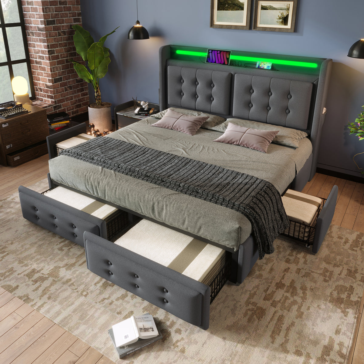Upholstered Double Bed 180x200cm with LED & 4 Drawers, Grey