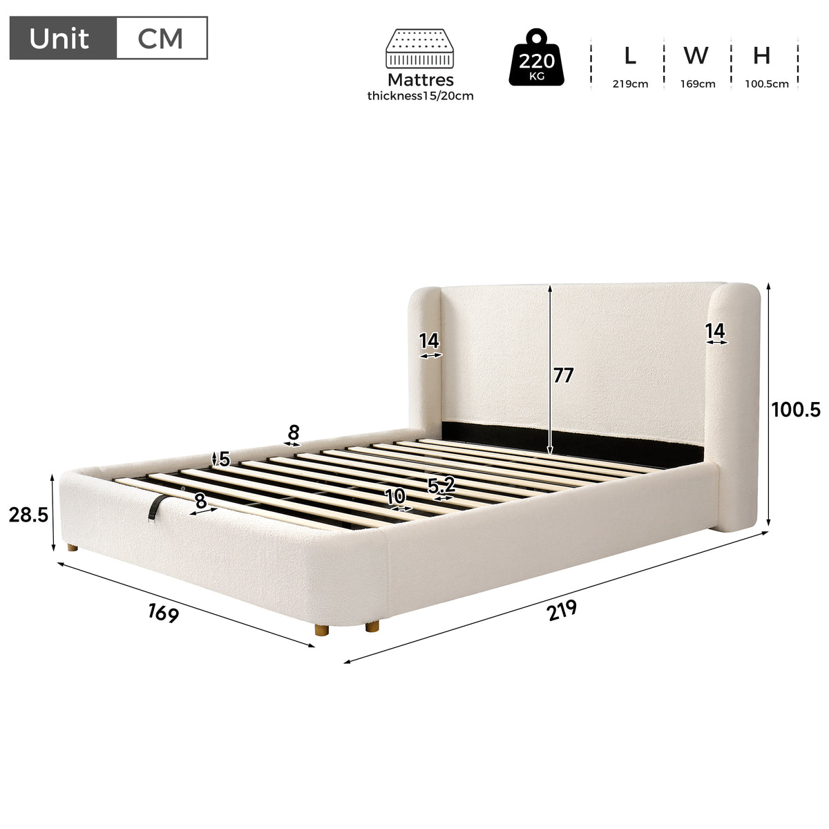 Upholstered Double Bed with Hydraulic Storage 140x200cm, Beige Bouclé