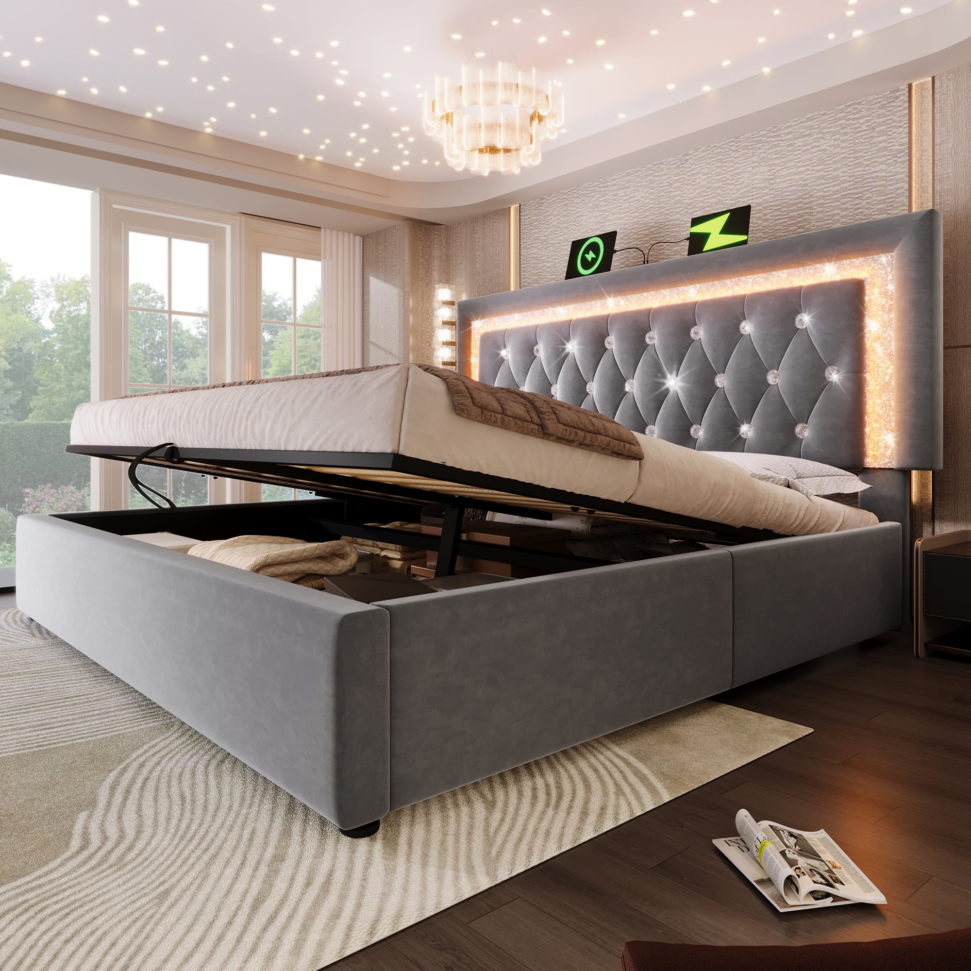 Upholstered Bed 180x200cm with LED & Storage, Grey Velvet
