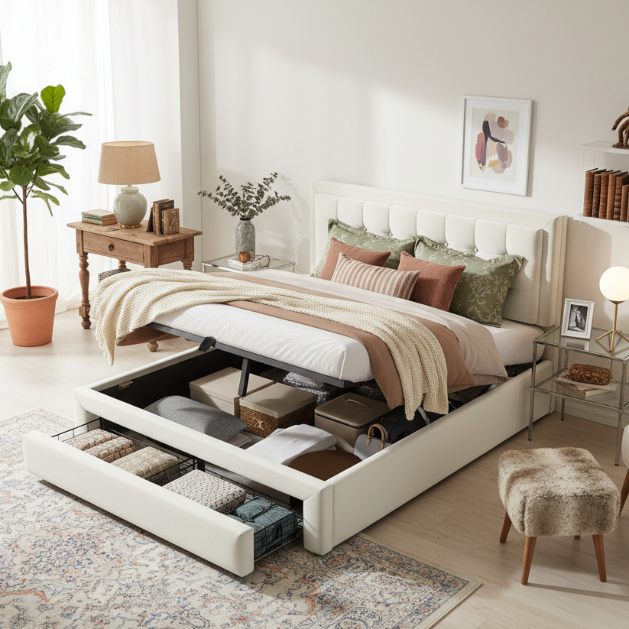 Upholstered Storage Bed 140x200 with 2 Drawers, Beige Velvet