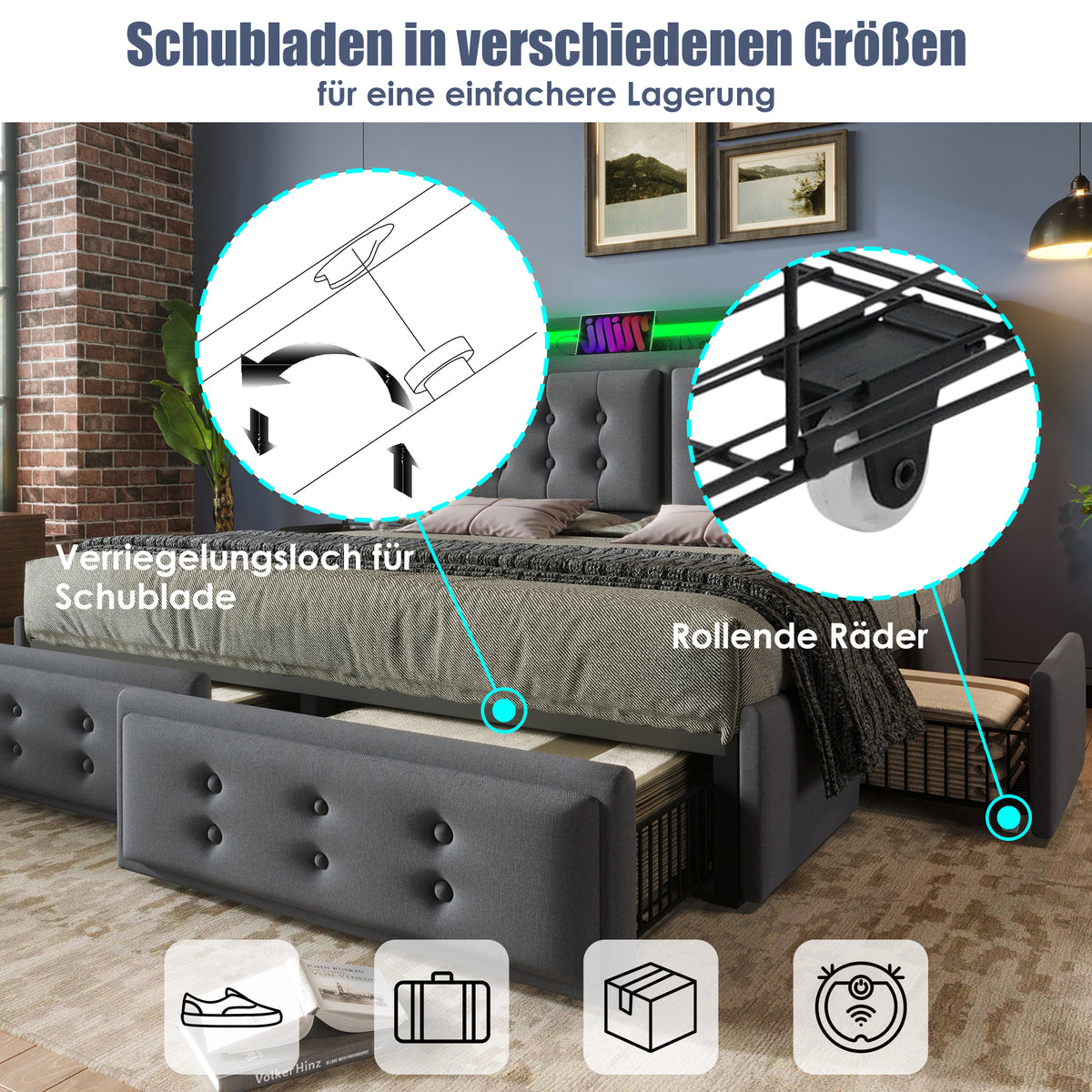 Upholstered Double Bed 180x200cm with LED & 4 Drawers, Grey