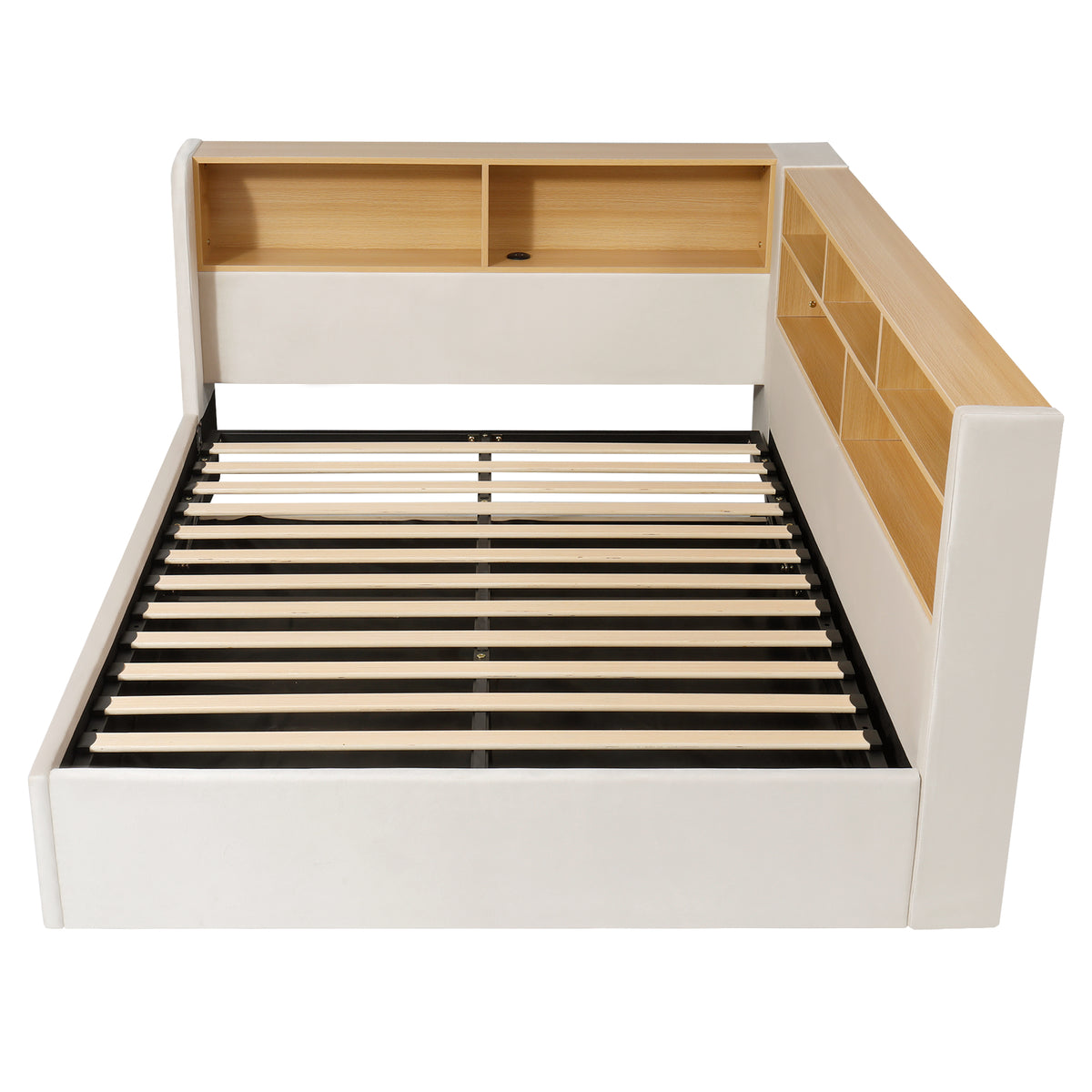 Daybed 140x200 cm with Storage, LED & USB, Beige Velvet