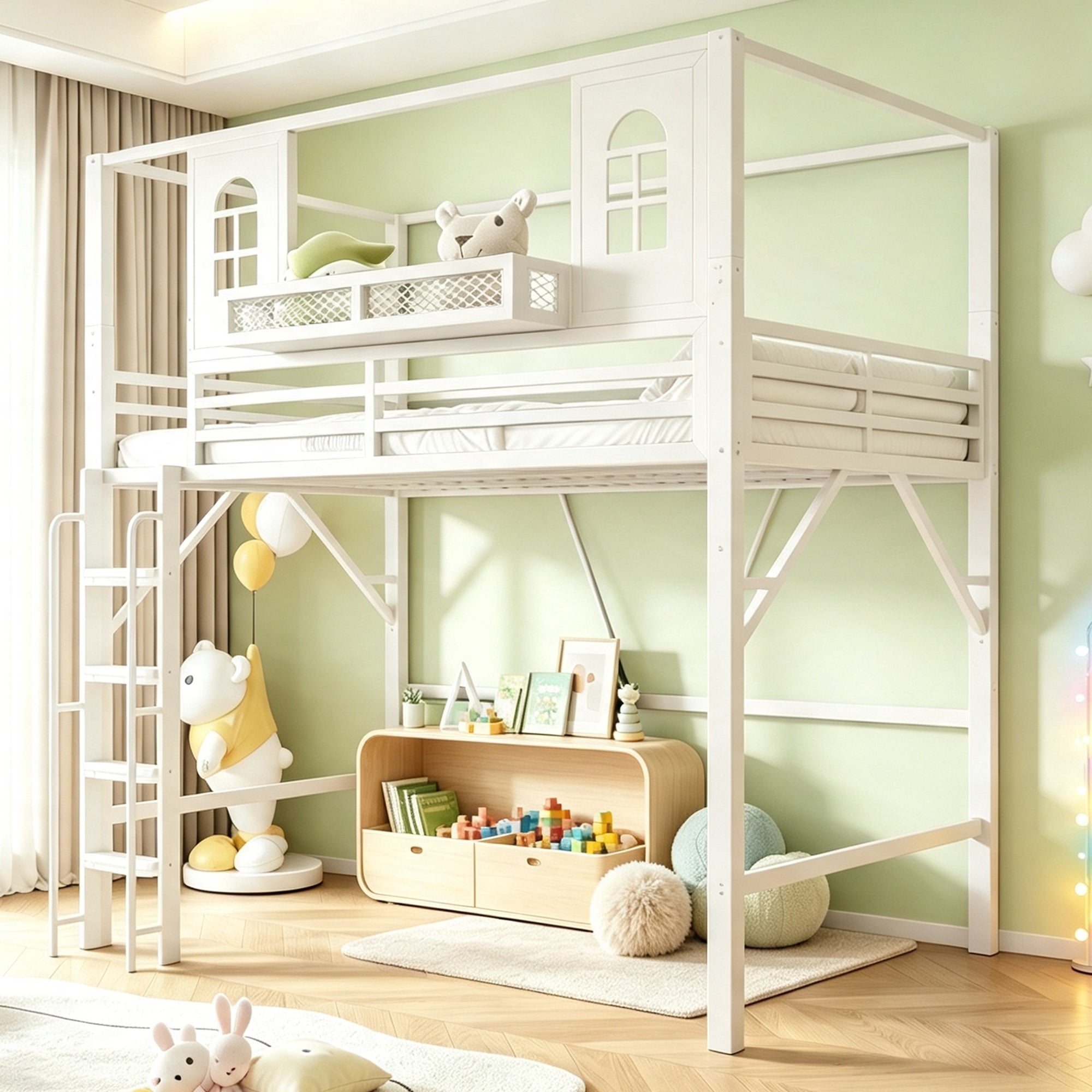 Children's Loft Bed 90x200 cm with Roof Design, White Metal