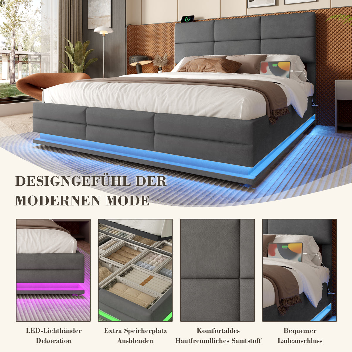 Upholstered Bed 180x200cm with Storage & LED, Grey Velour
