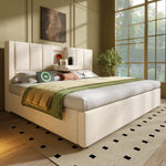 Upholstered Double Bed 180x200cm Hydraulic Storage, Linen Beige
