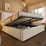 Upholstered Bed 140x190cm with Storage & Charging, Beige Linen