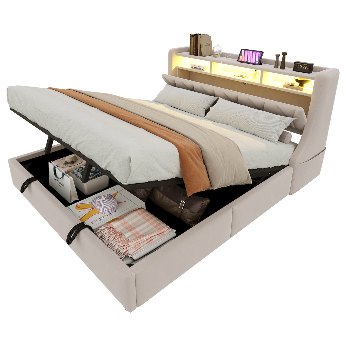 Upholstered Bed 180x200 with Hydraulic Storage & LED, Beige Velvet