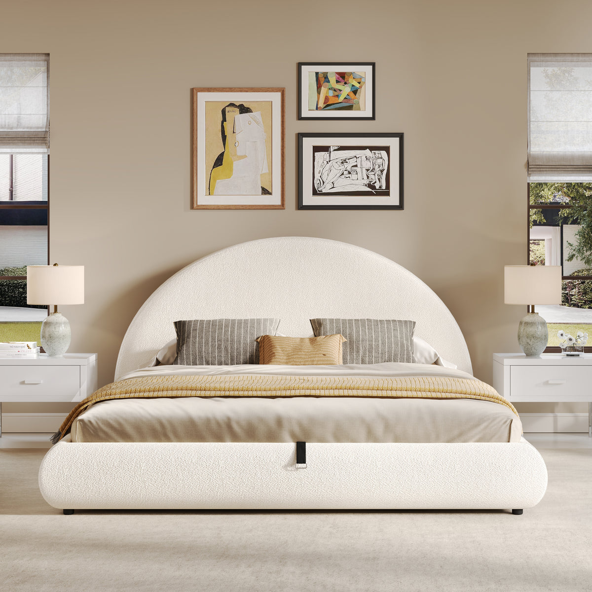 Upholstered Double Bed 180x200cm with Storage, White Bouclé