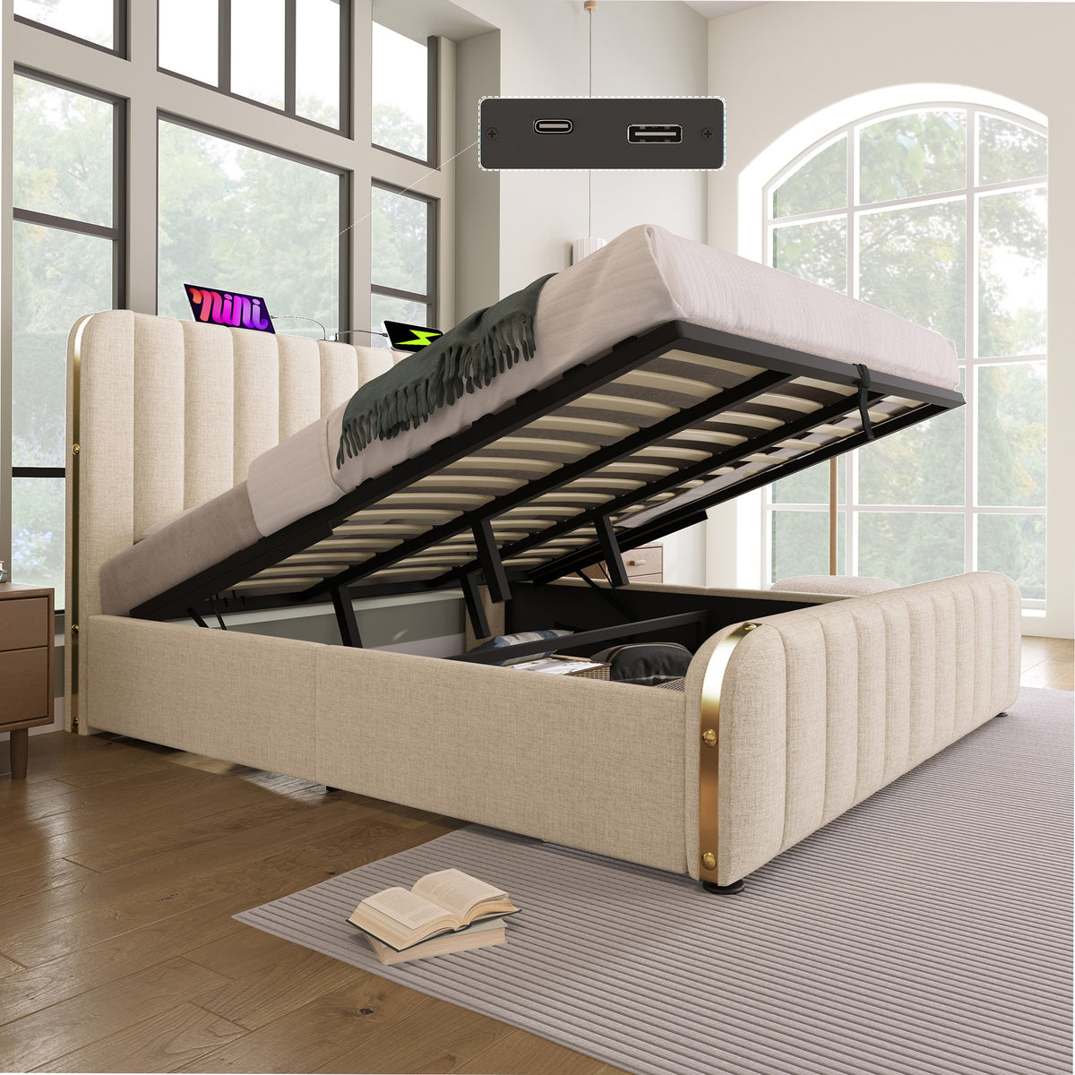 Upholstered Bed 180x200 with USB & Storage - Beige Linen