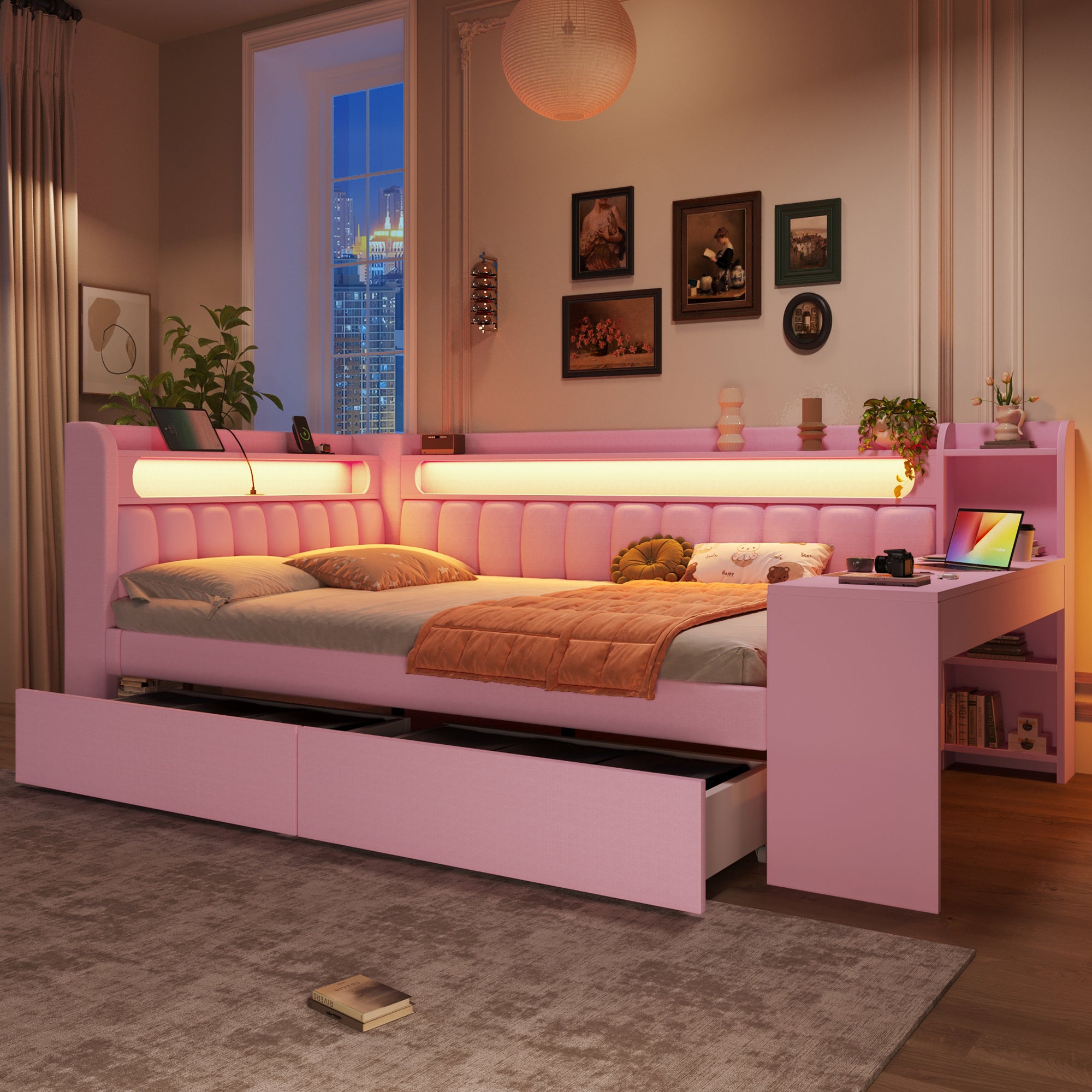 Upholstered Daybed 140x200 with Desk, USB & 2 Drawers, Pink