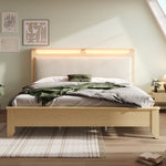 Wooden Double Bed 160x200cm with Storage & LED, Light Oak