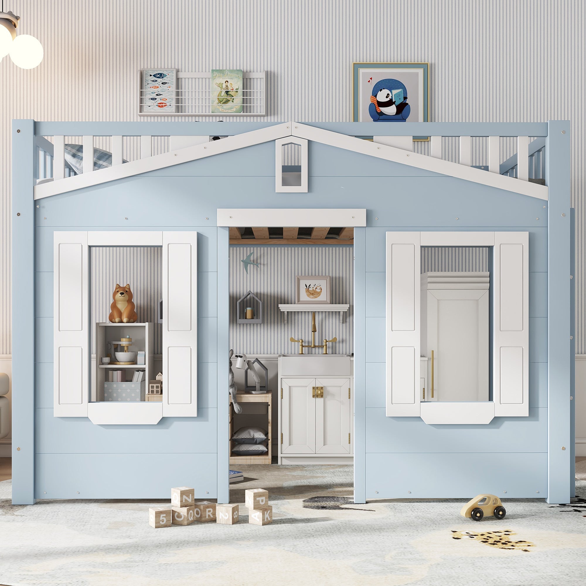 Children's Loft Bed 90x200cm with Ladder & Window, Blue Wood