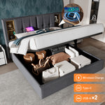 Upholstered Double Bed 180x200cm with Storage & USB-C, Grey Cotton