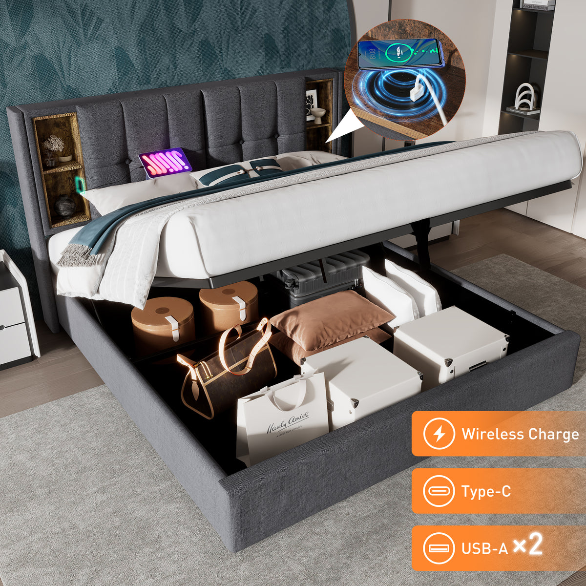Upholstered Double Bed 180x200cm with Storage & USB-C, Grey Cotton