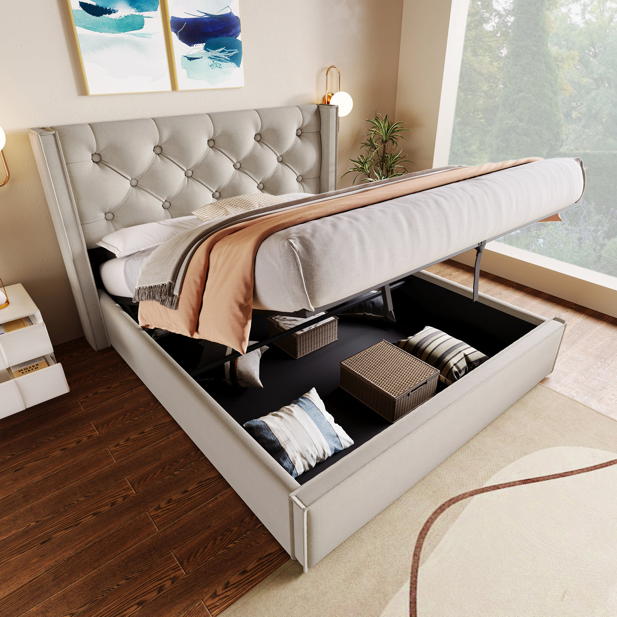Hydraulic Upholstered Double Bed 160x200cm with Storage, Light Grey