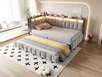 Upholstered Sofa Bed 90x200cm, Pull-Out Bed & LED, Light Grey Velvet