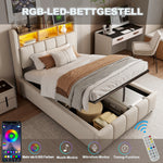 Upholstered Single Bed 90x200 LED USB Storage, Beige Linen
