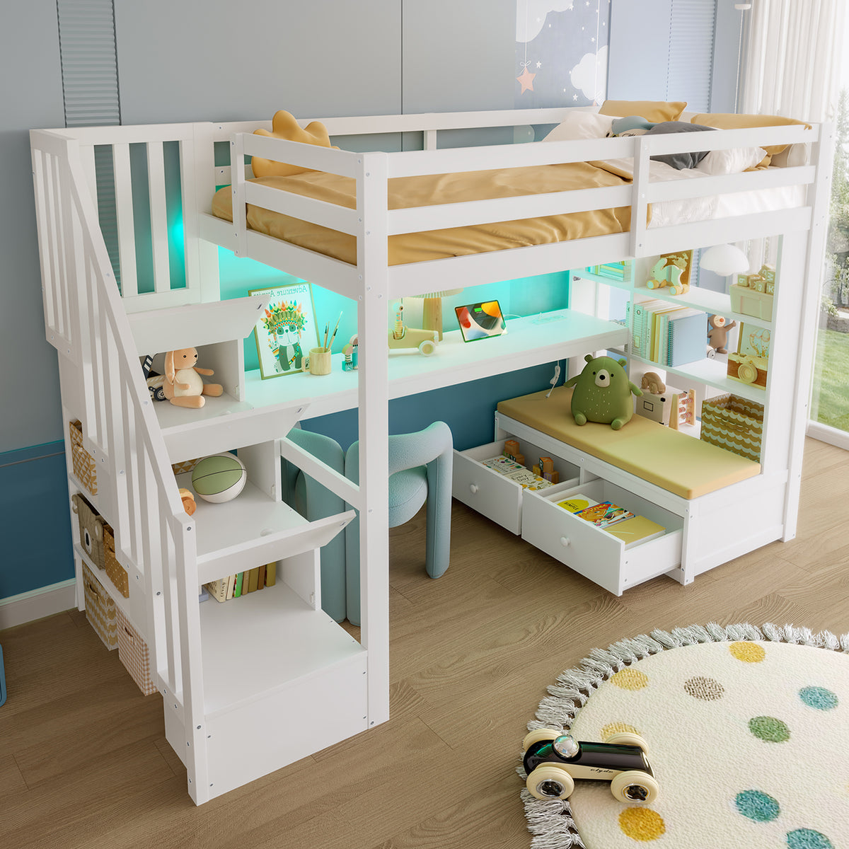 Loft Bed 90x200 with Desk, Shelves & Storage Stairs, White