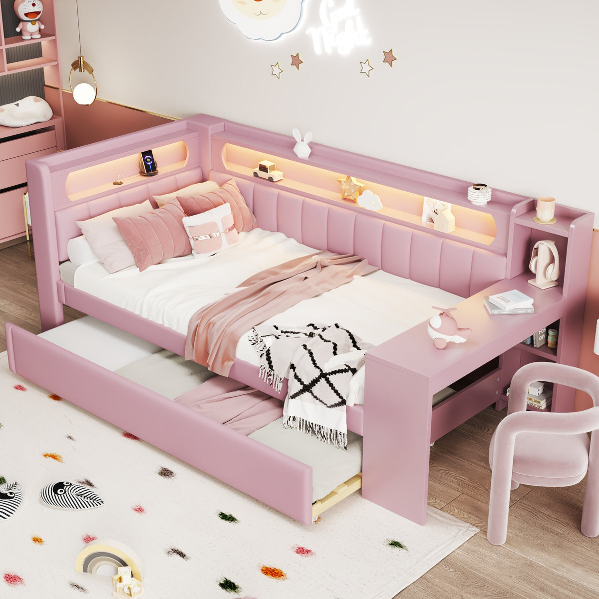 Upholstered Daybed 90x200cm with Trundle, Desk & LED, Pink