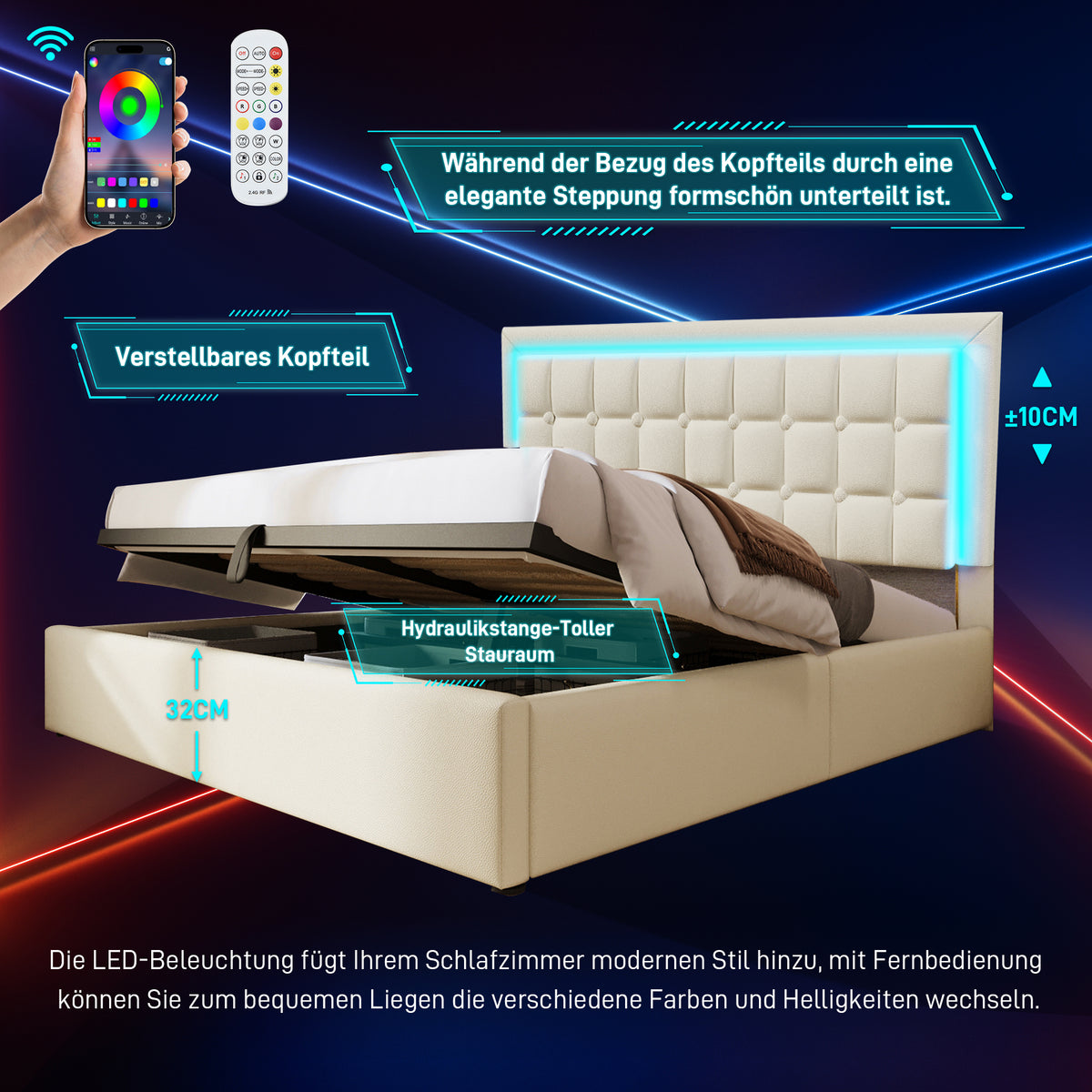 Upholstered Storage Bed 180x200cm with LED, White Faux Leather