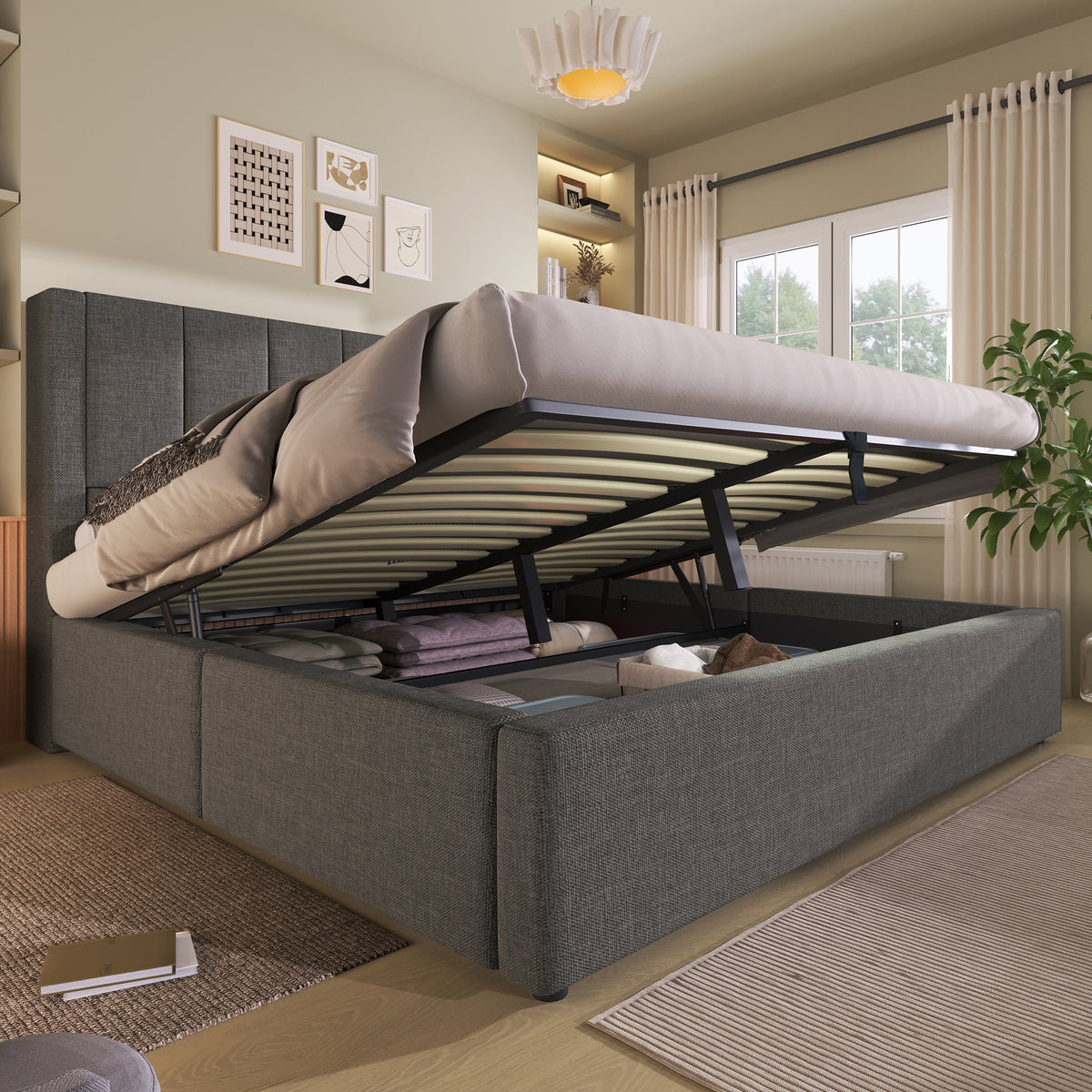 Upholstered Bed 140x200 with Storage & Charging Station, Grey Linen