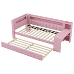 Upholstered Daybed 90x200cm with Trundle, Desk & LED, Pink