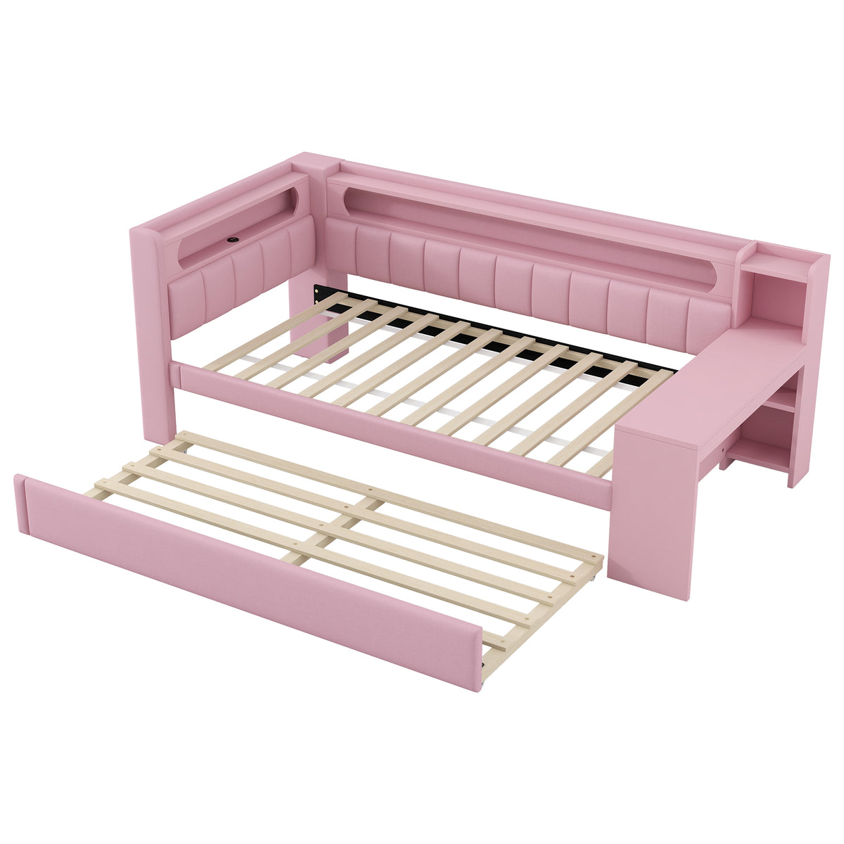 Upholstered Daybed 90x200cm with Trundle, Desk & LED, Pink