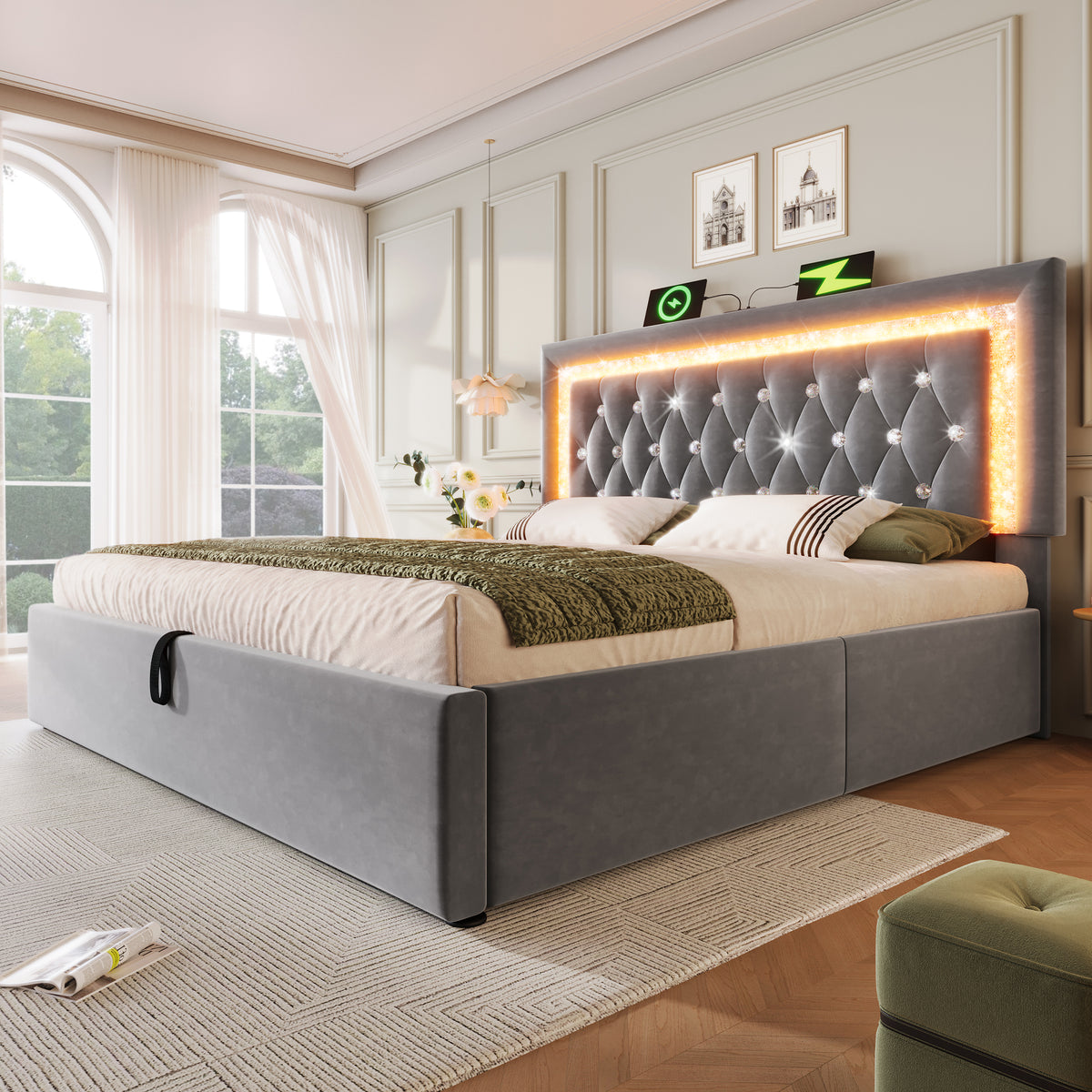 Upholstered Bed 180x200cm with LED & Storage, Grey Velvet
