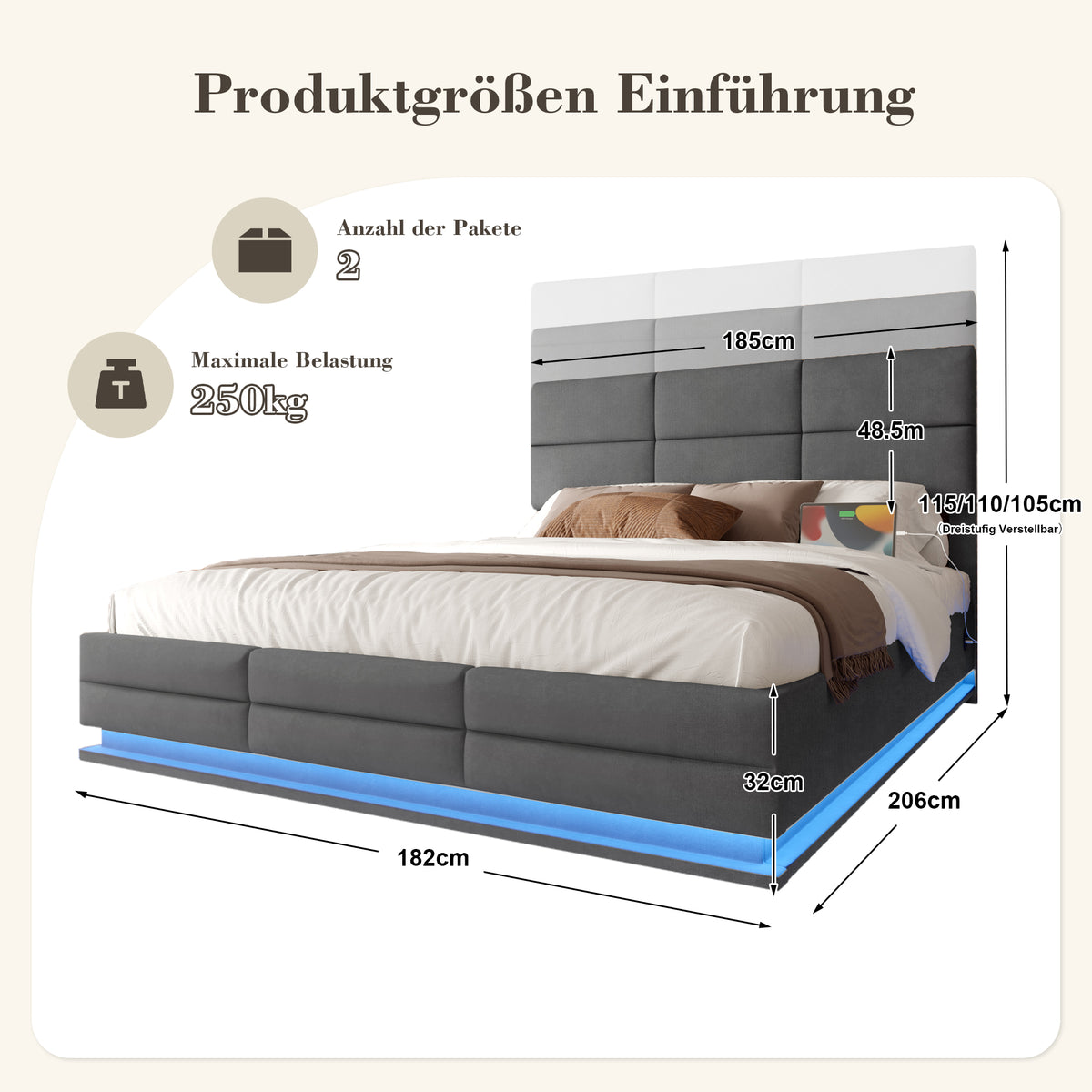 Upholstered Bed 180x200cm with Storage & LED, Grey Velour