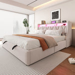 Upholstered Bed 180x200 with Hydraulic Storage & LED, Beige Velvet