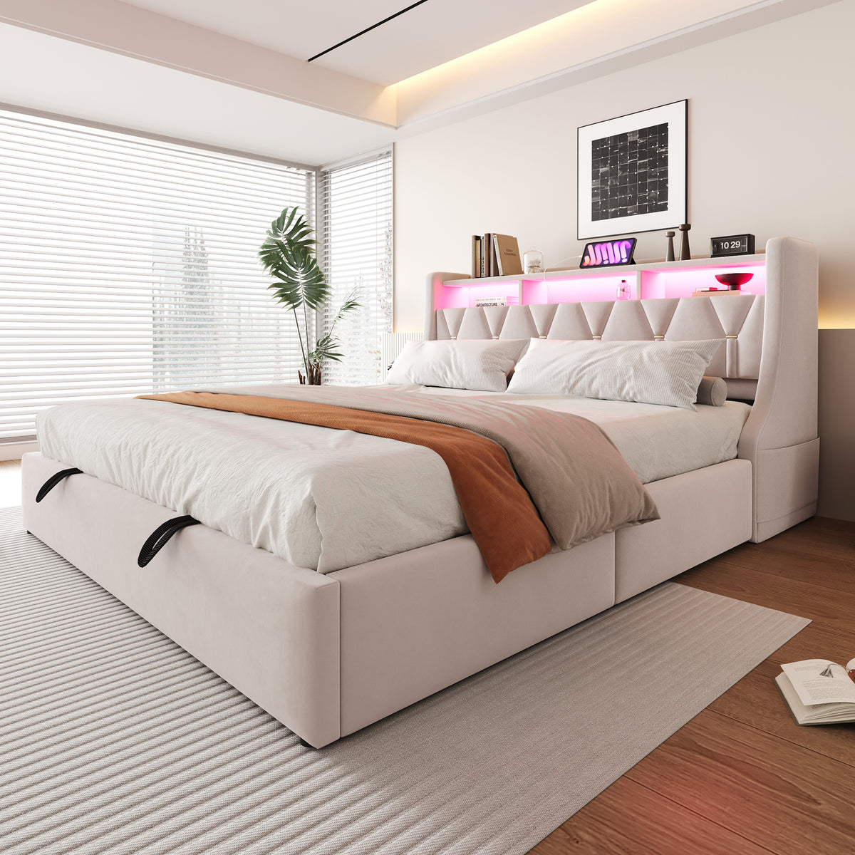 Upholstered Bed 180x200 with Hydraulic Storage & LED, Beige Velvet