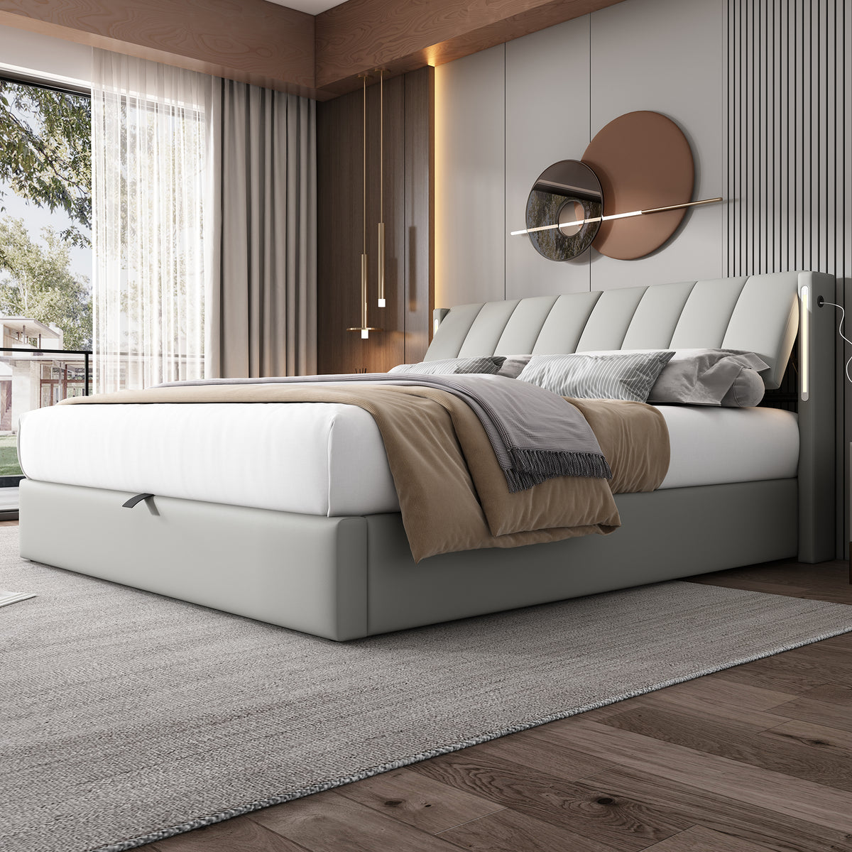 Hydraulic Upholstered LED Bed 180x200 cm with USB Storage, Grey PU