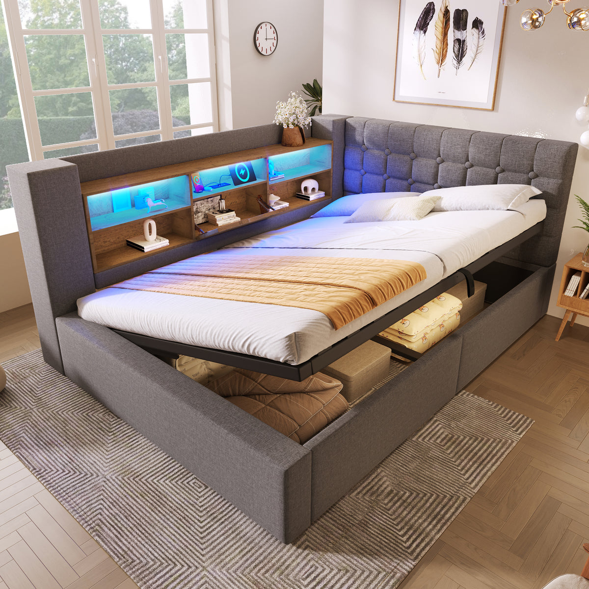 Upholstered Double Bed 180x200cm Hydraulic Storage, Grey Linen