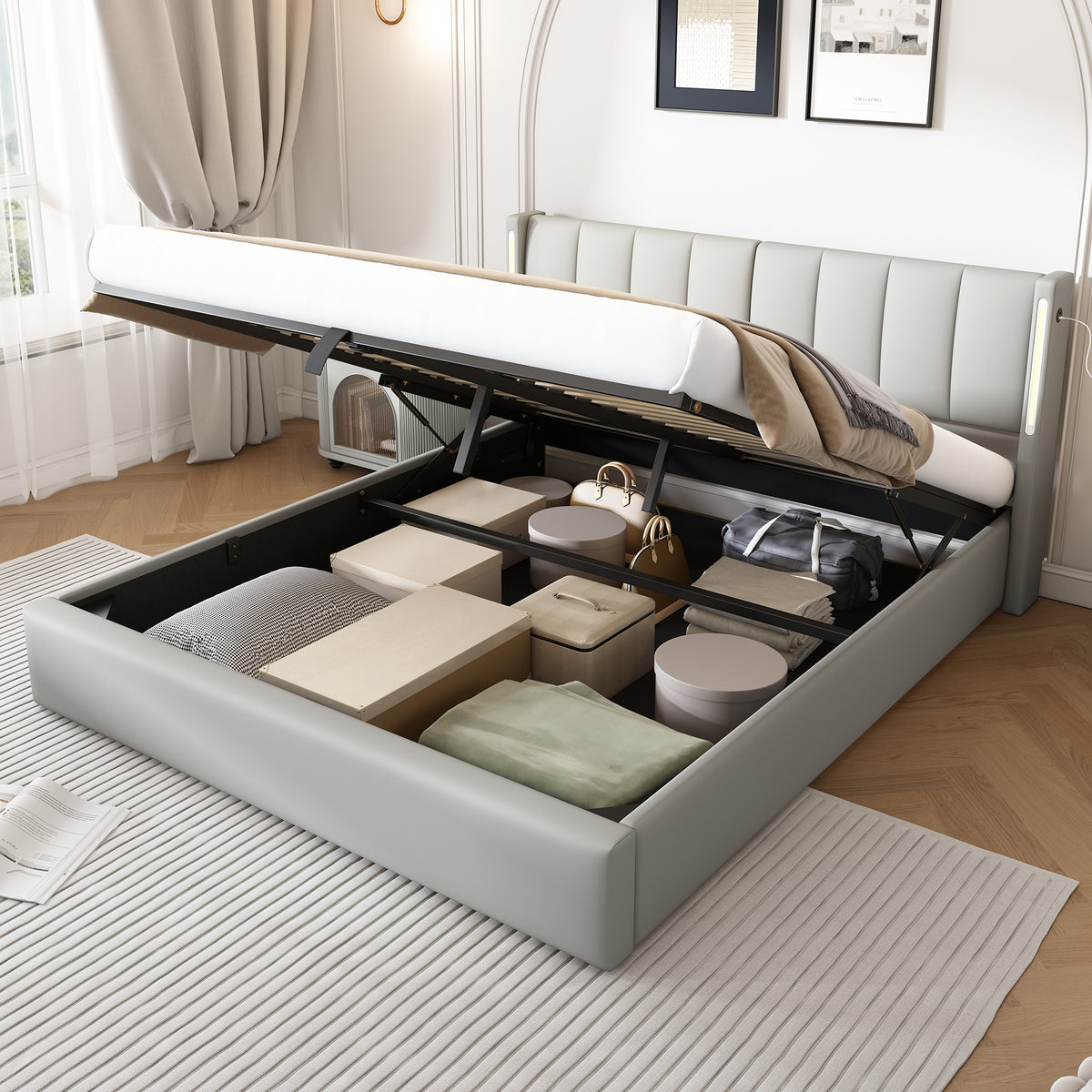 Hydraulic Upholstered LED Bed 180x200 cm with USB Storage, Grey PU