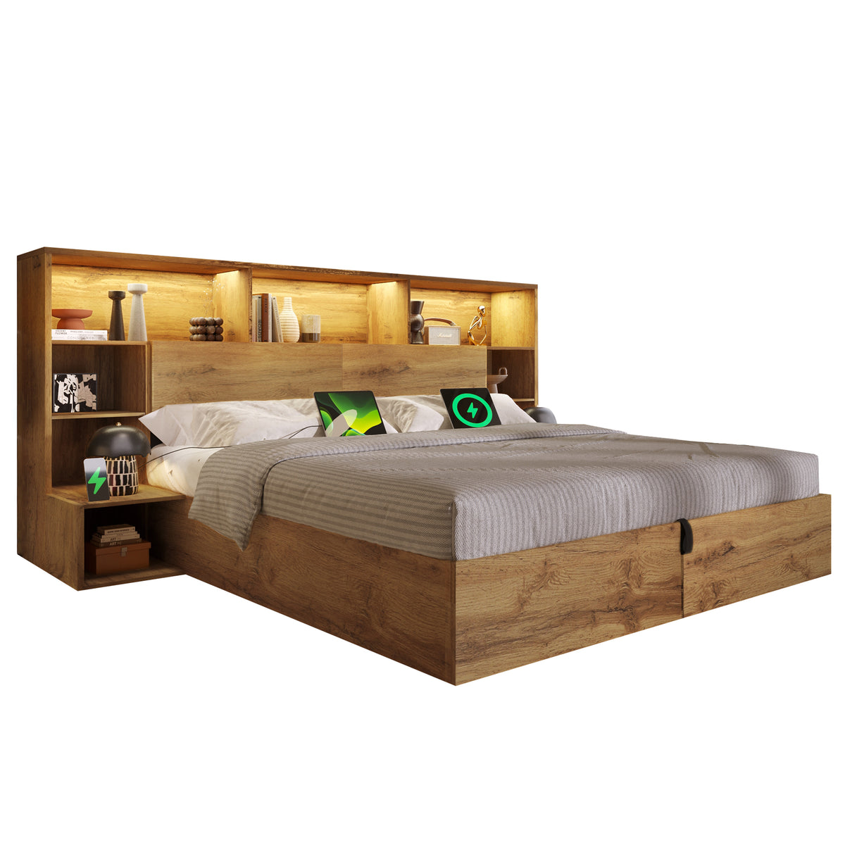 System Storage Bed 160x200 with Mattress, LED & USB-C, Oak Look