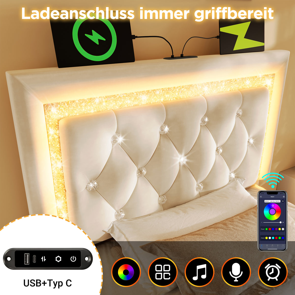 Upholstered Bed 90x200cm with LED & Storage, Beige Velvet