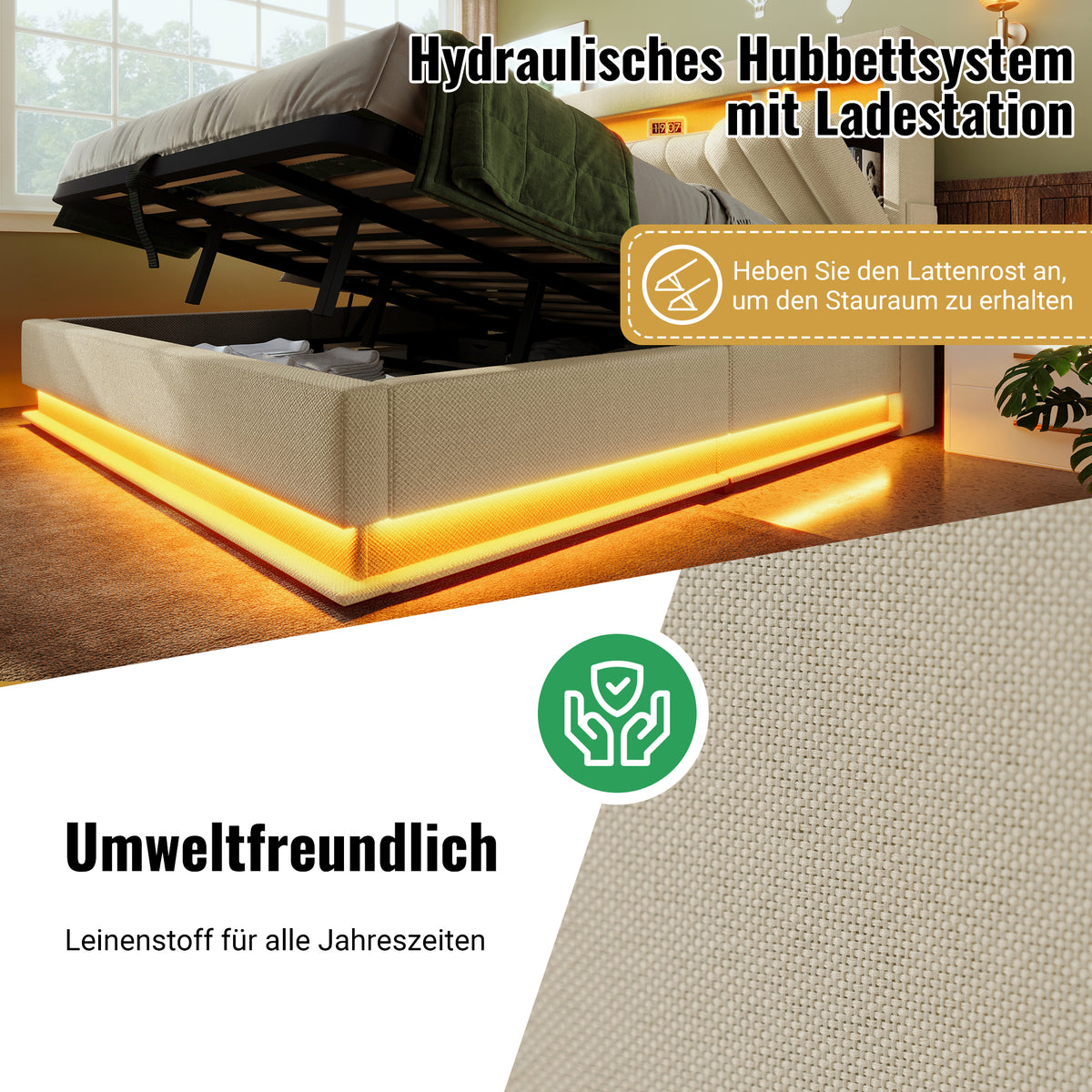 Upholstered Double Bed 180x200cm Hydraulic Base, Beige Bouclé