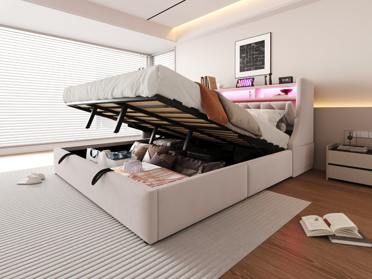 Upholstered Bed 180x200 with Hydraulic Storage & LED, Beige Velvet