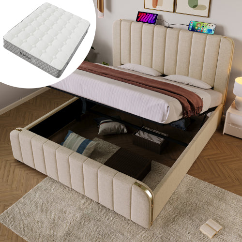 Upholstered Bed 180x200 with USB & Storage - Beige Linen